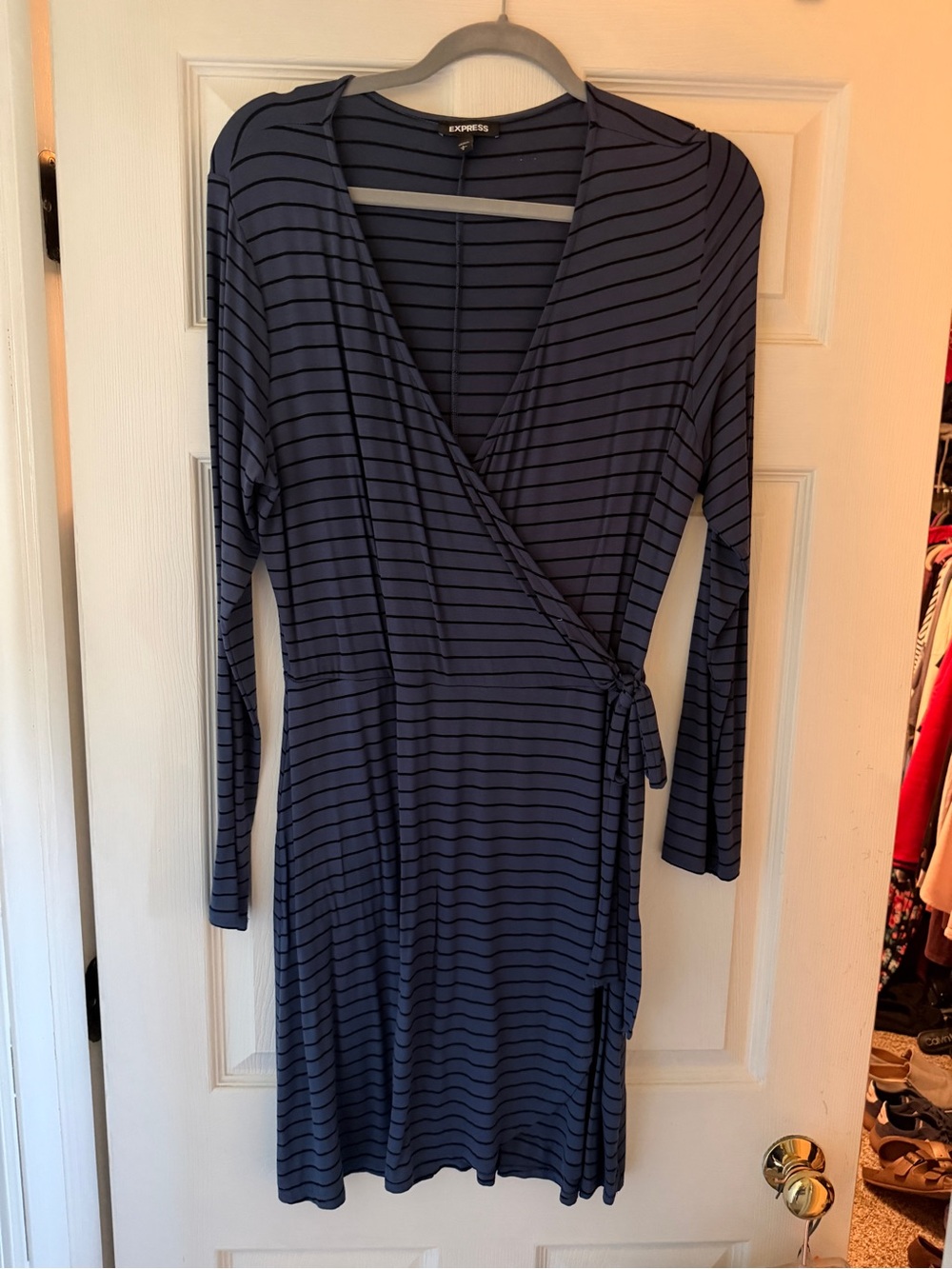 Express Navy and Black Striped Wrap Dress